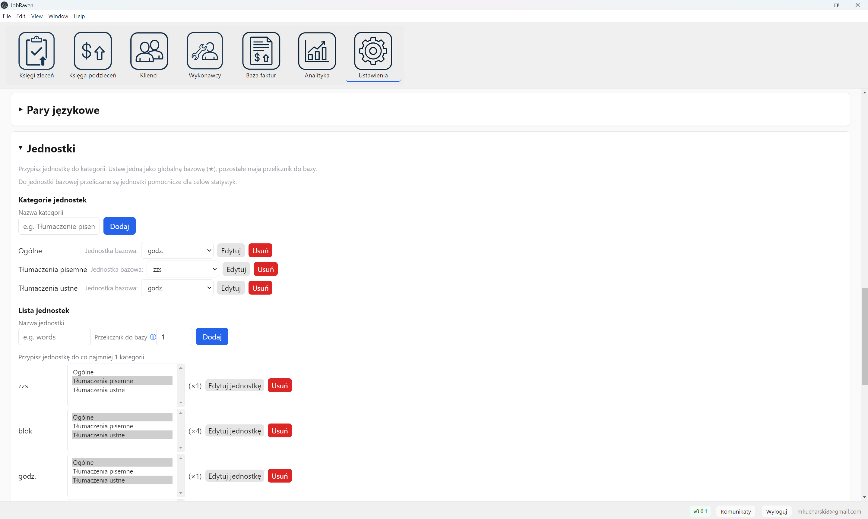 Ustawienia jednostek